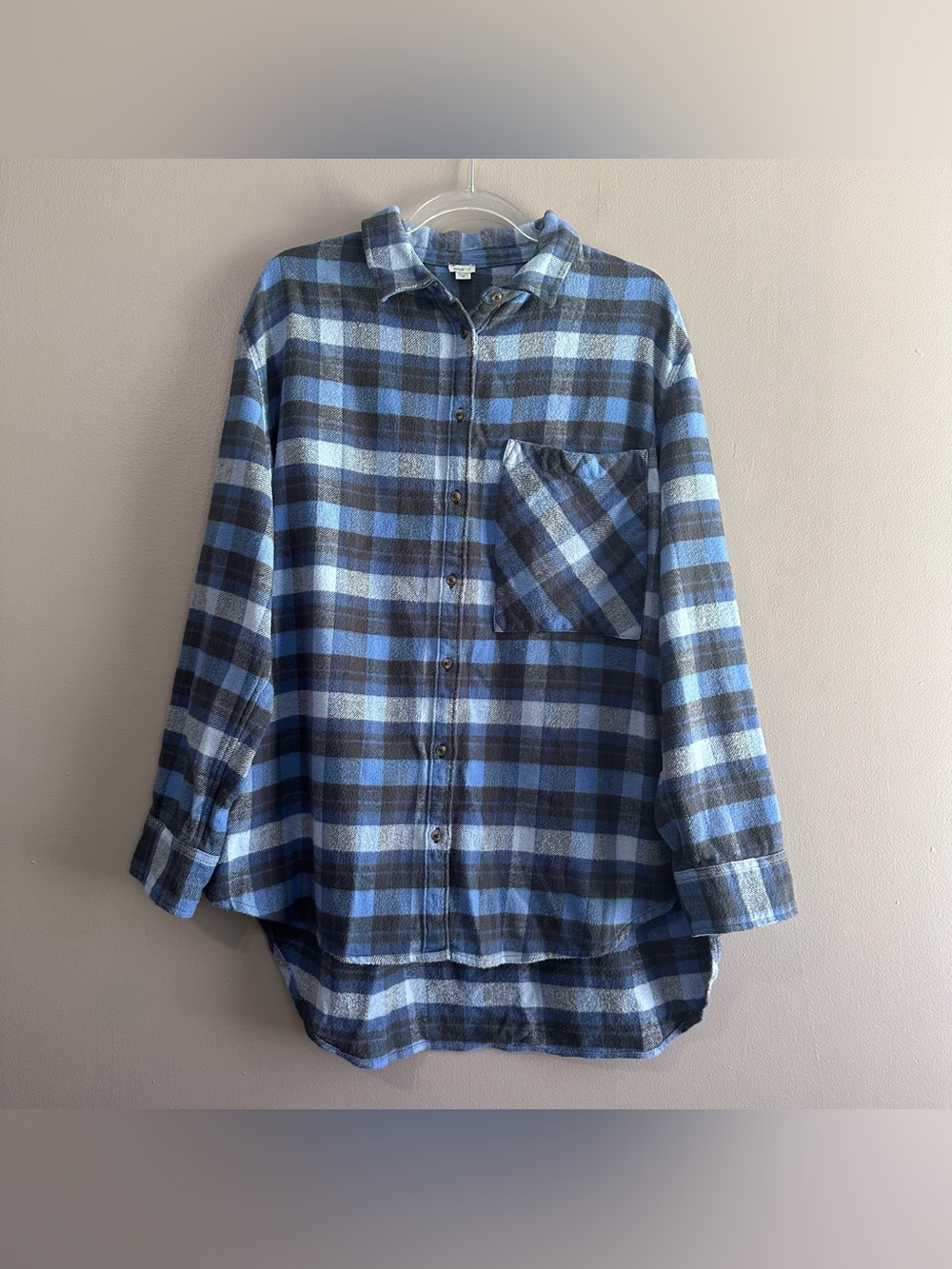 Aerie Blue Gray Plaid Anytime Fave Flannel Oversized Buttondown Womens Large